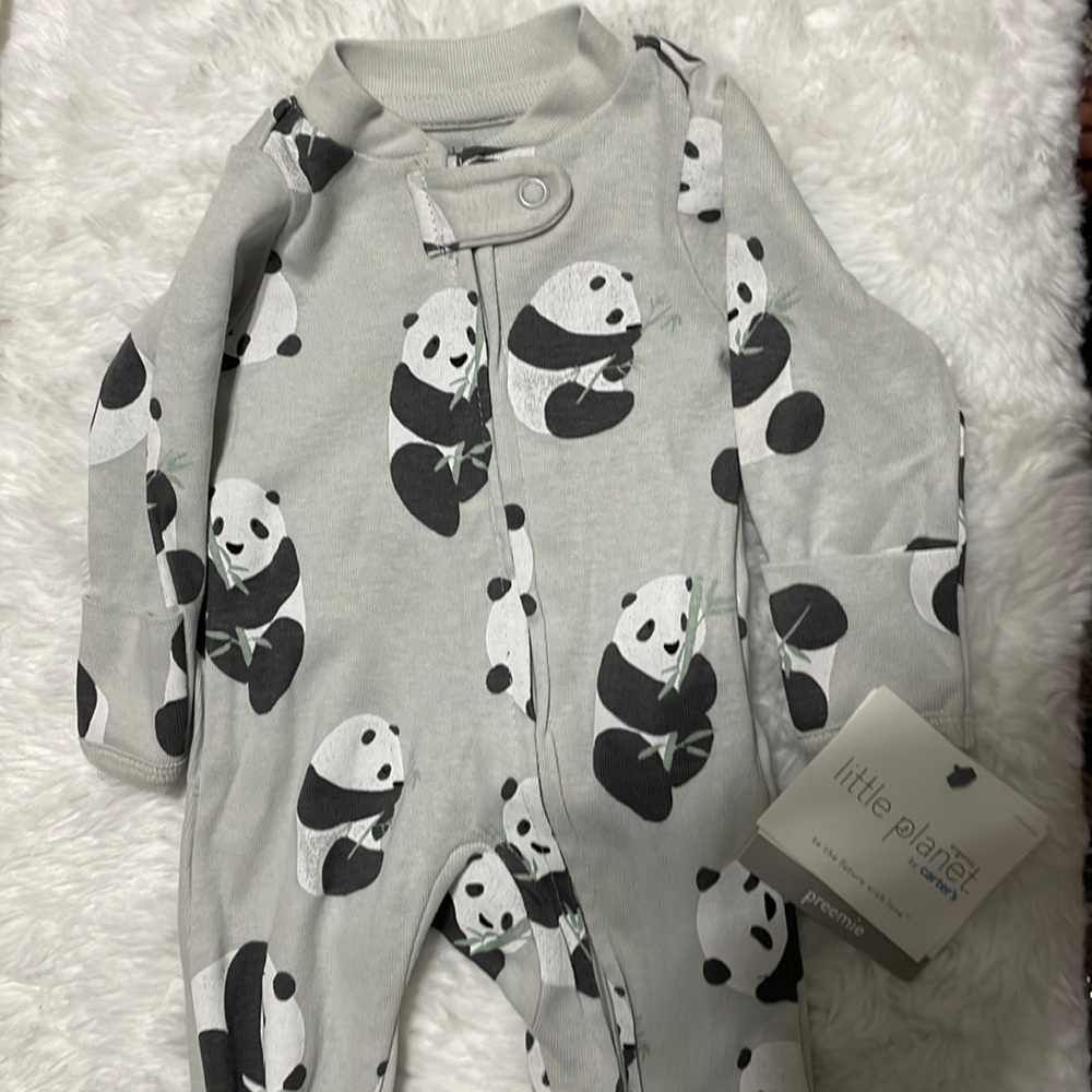 Grey with pandas preemie long sleeve onesie